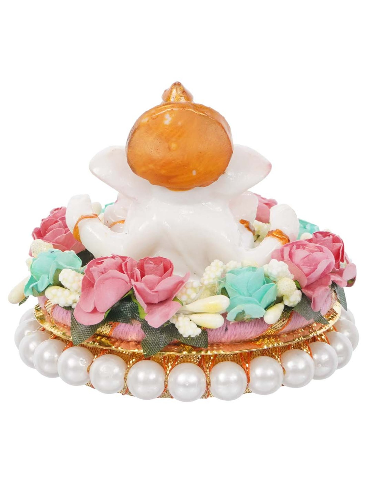 eCraftIndia Lord Ganesha Idol on Decorative Handcrafted Plate with Colorful Flowers