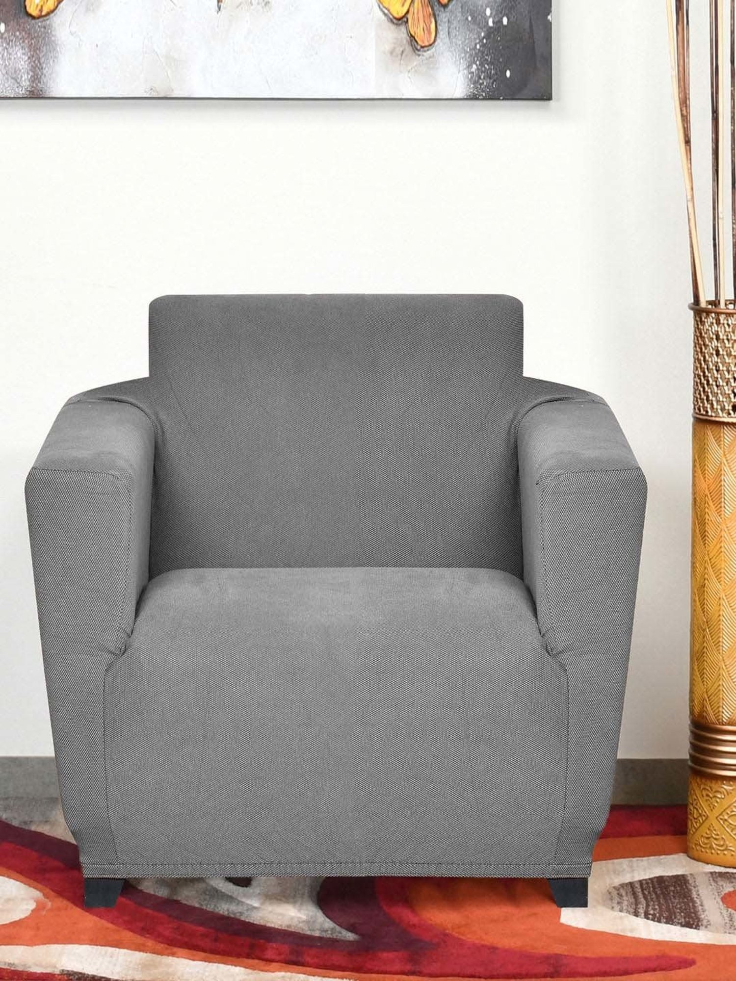 @home GREY SOLID Cotton Fitted 1 Seater Sofa Cover