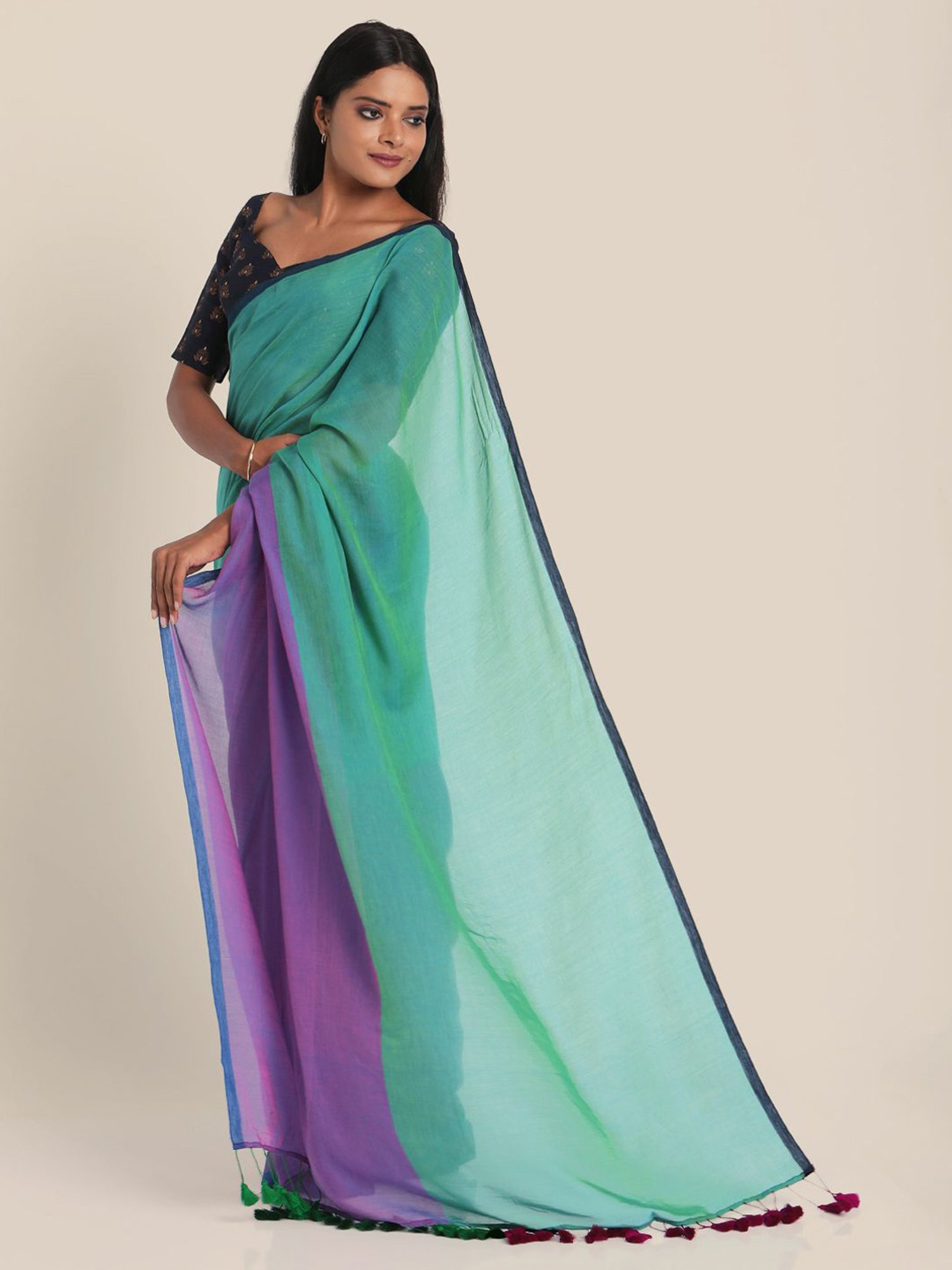 Suta Green & Purple Cotton Saree Without Blouse