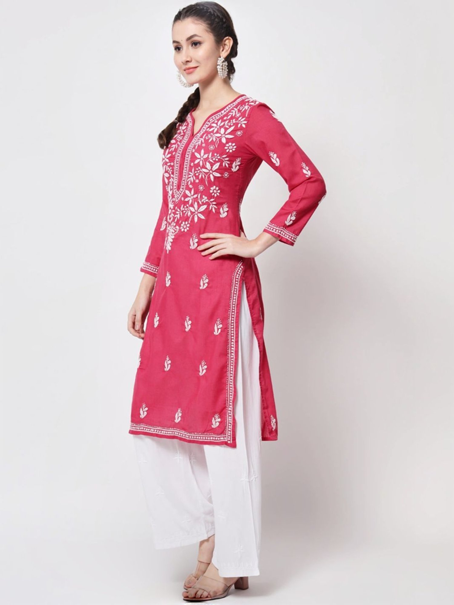 PARAMOUNT CHIKAN Magenta Pink Cotton Hand Embroidered Chikankari Straight Kurta