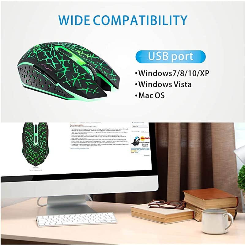 K6 Wireless Gaming Mouse, Rechargeable Silent LED Optical Computer Mice with USB Receiver, 3 Adjustable DPI Level and 6 Buttons, Auto Sleeping Compatible Laptop/PC/Notebook (Green Light)