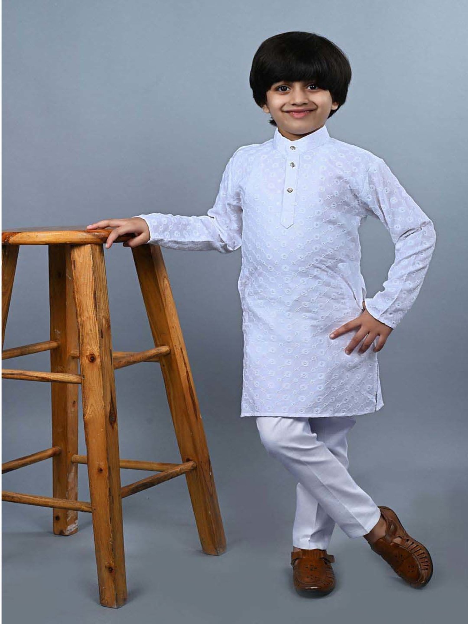 Ahhaaaa Kids Blue & White Cotton Embroidered Full Sleeves Kurta Set