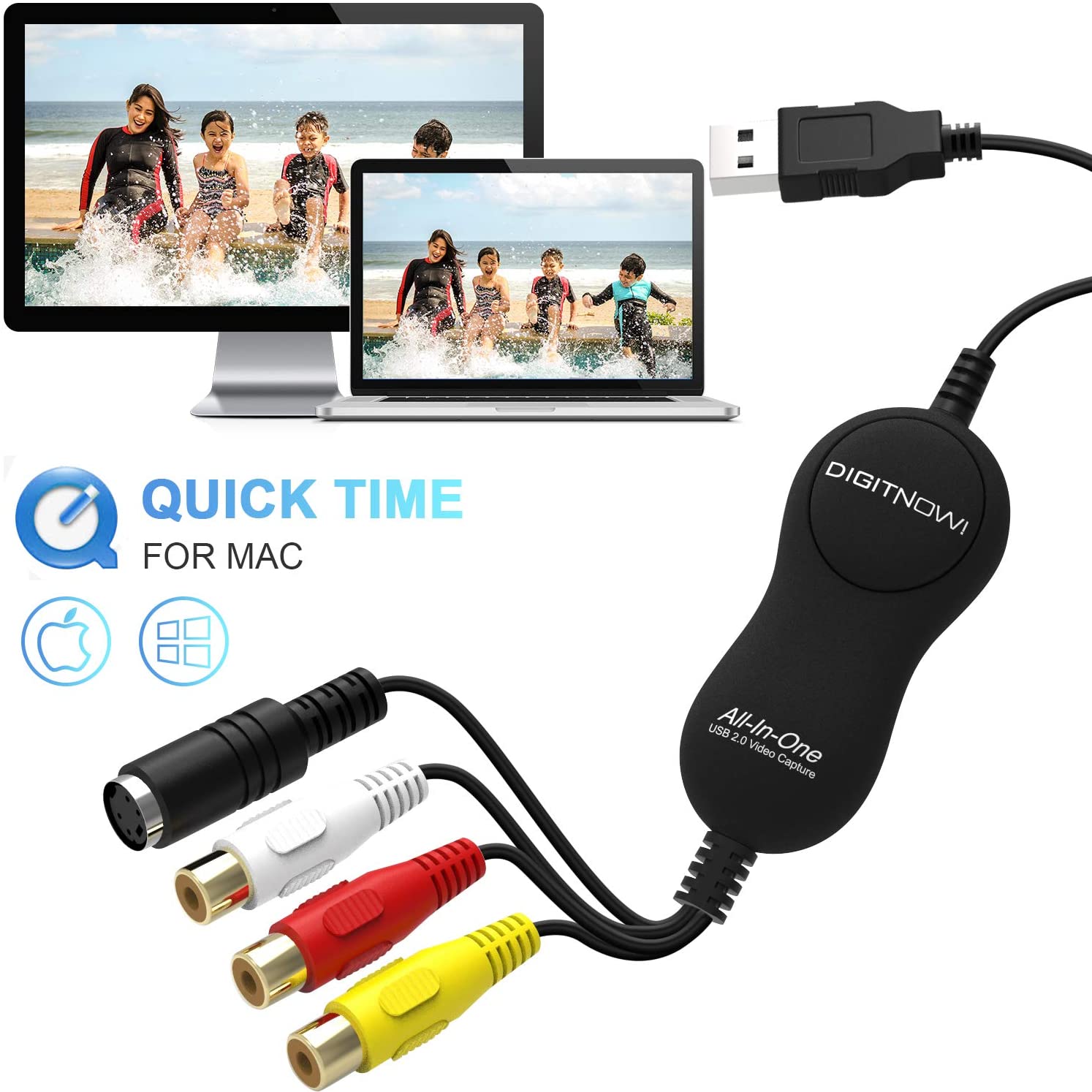 DIGITNOW USB 2.0 Video Capture Card Device Video Grabber One Touch VHS VCR TV to DVD Converter, Transfer VHS Home Videos to Mac OS X PC Windows 7 8 10