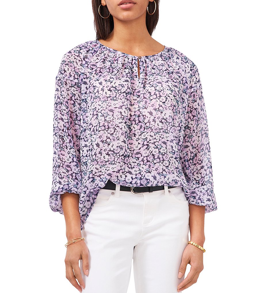 Preston & York Caroline Bow Woven V-Neck 3/4 Sleeve Blouse