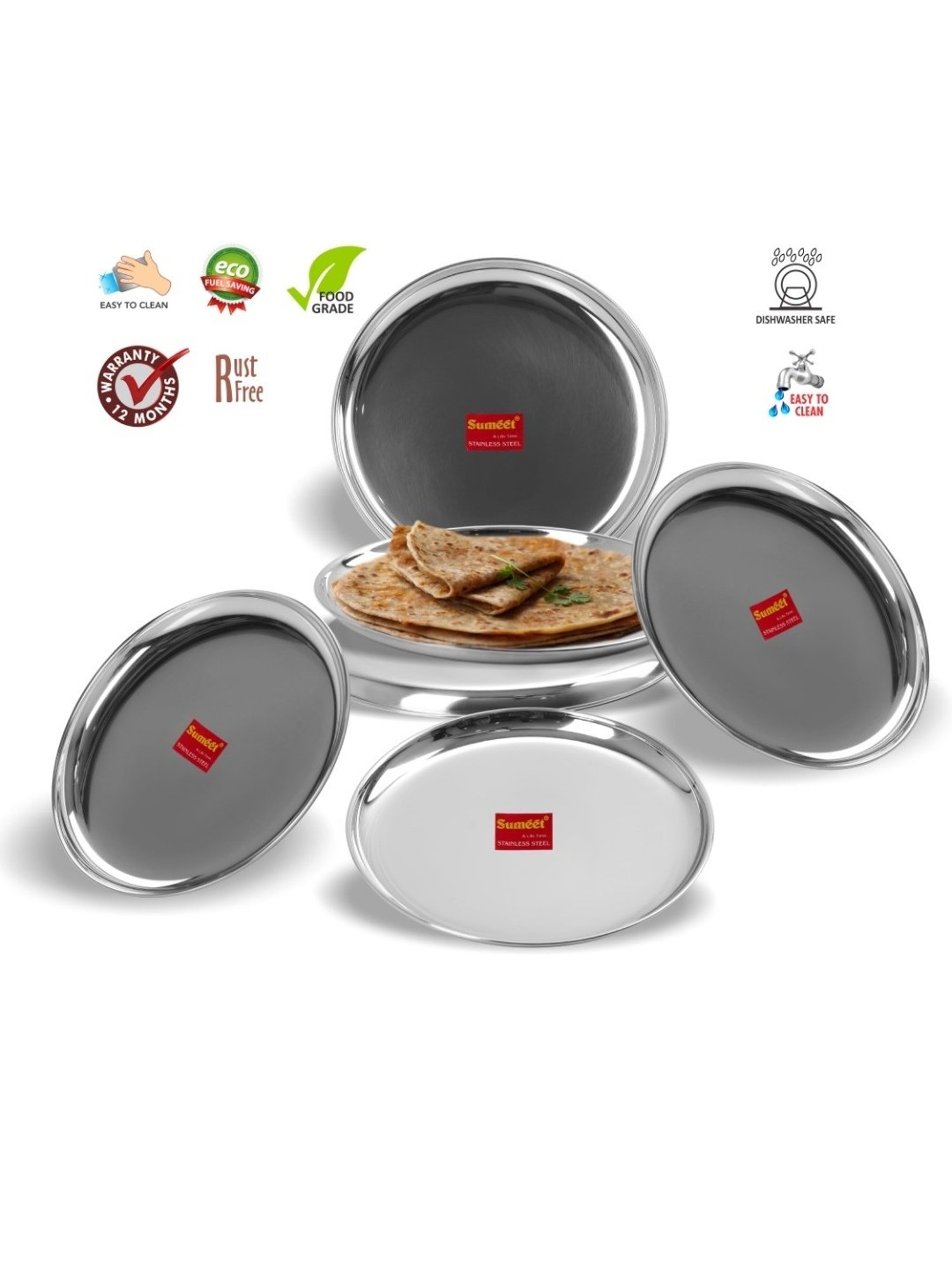Sumeet Stainless Steel Heavy Gauge Shallow Dinner Plates with Mirror Finish 23.3cm Dia - Set of 6pc