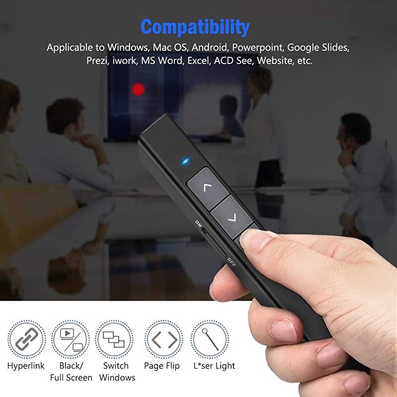 Rechargeable Presentation Clicker Red Laser Pointer for Cats Dogs, 100FT Wireless Presenter Remote PowerPoint Clicker Presentation Remote, 2.4GHz for Mac, Laptop, Computer