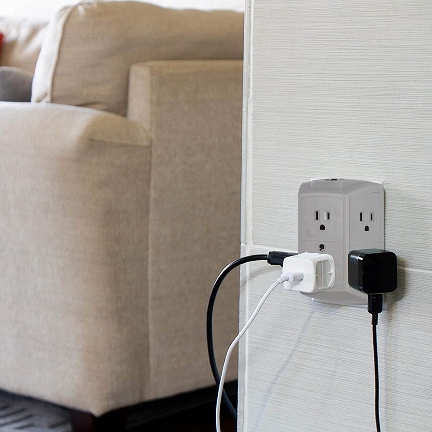 GE Pro 6 Outlet Surge Protector Adapter Spaced Tap, 3-Prong Power Strip, Charging Station, Side Access, White, 43648