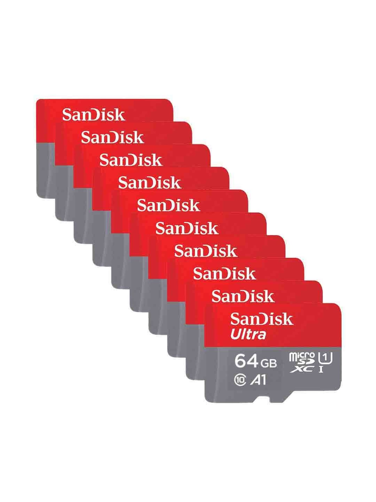 SanDisk SDSQUA4-064G-GN6MN 64GB Ultra microSD Memory Card Pack of 10 (Red/Grey)