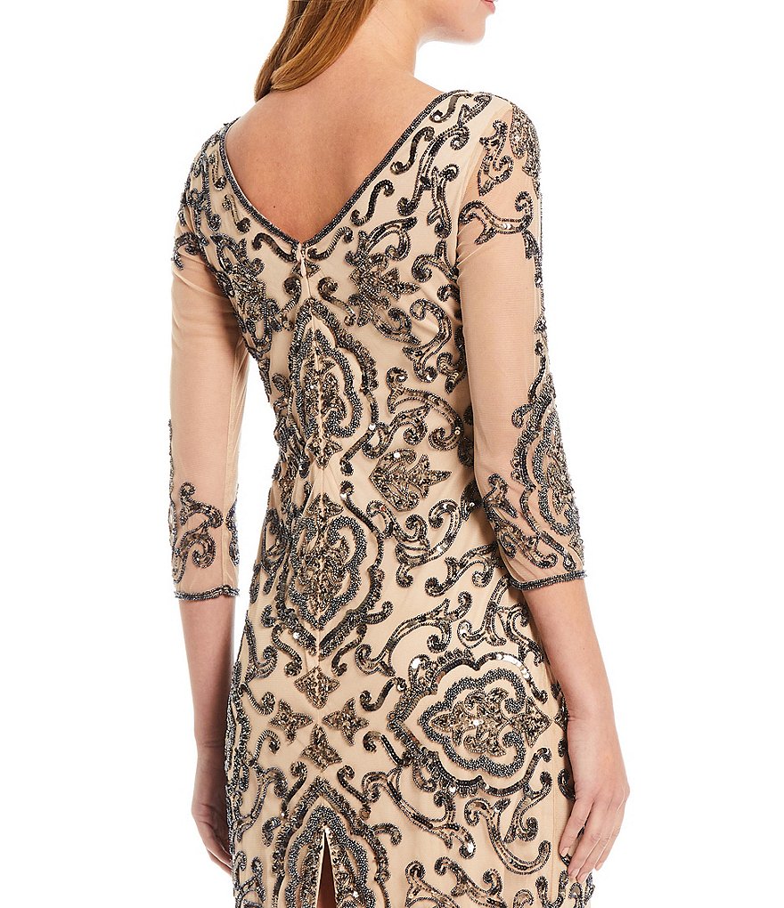 Pisarro Nights V-Neck 3/4 Sleeve Beaded Sheath Midi Dress