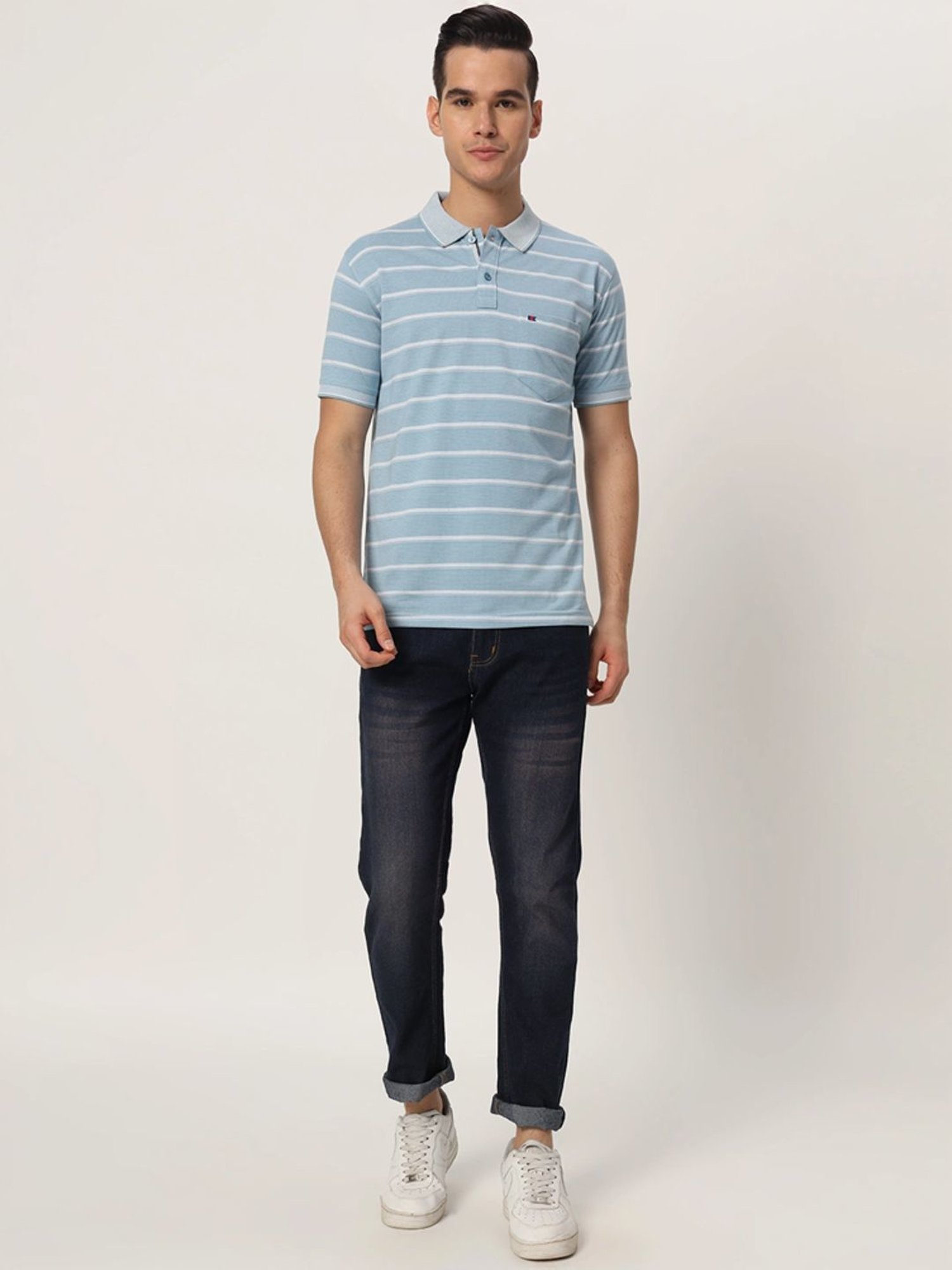 Tab91 Blue Regular Fit Striped Polo T-Shirts
