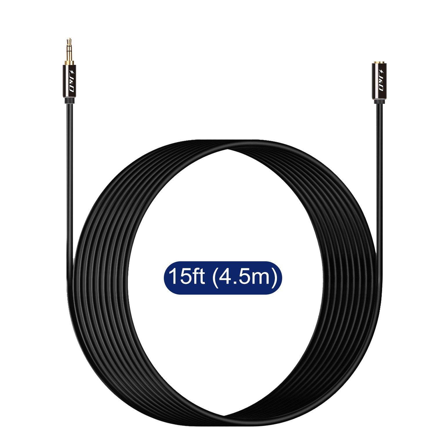 J&D 3.5mm Male to Female Auxiliary Audio Cable, Gold Plated [Copper Shell] [Heavy Duty] 3.5mm 1/8" TRS Male to 3.5mm 1/8" TRS Female Stereo Audio Adapter Cable - 15 Feet
