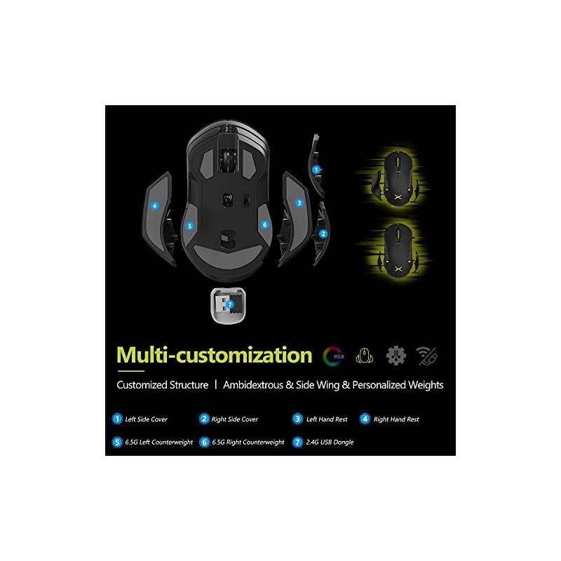 Wireless Gaming Mouse Rechargeable with 16000DPI, Chroma RGB and Ambidextrous Side Wing and Personalized Weights Design, 8 Programmable Buttons, Up to 50 Hr Battery Life(M627BU(3389)-Black)