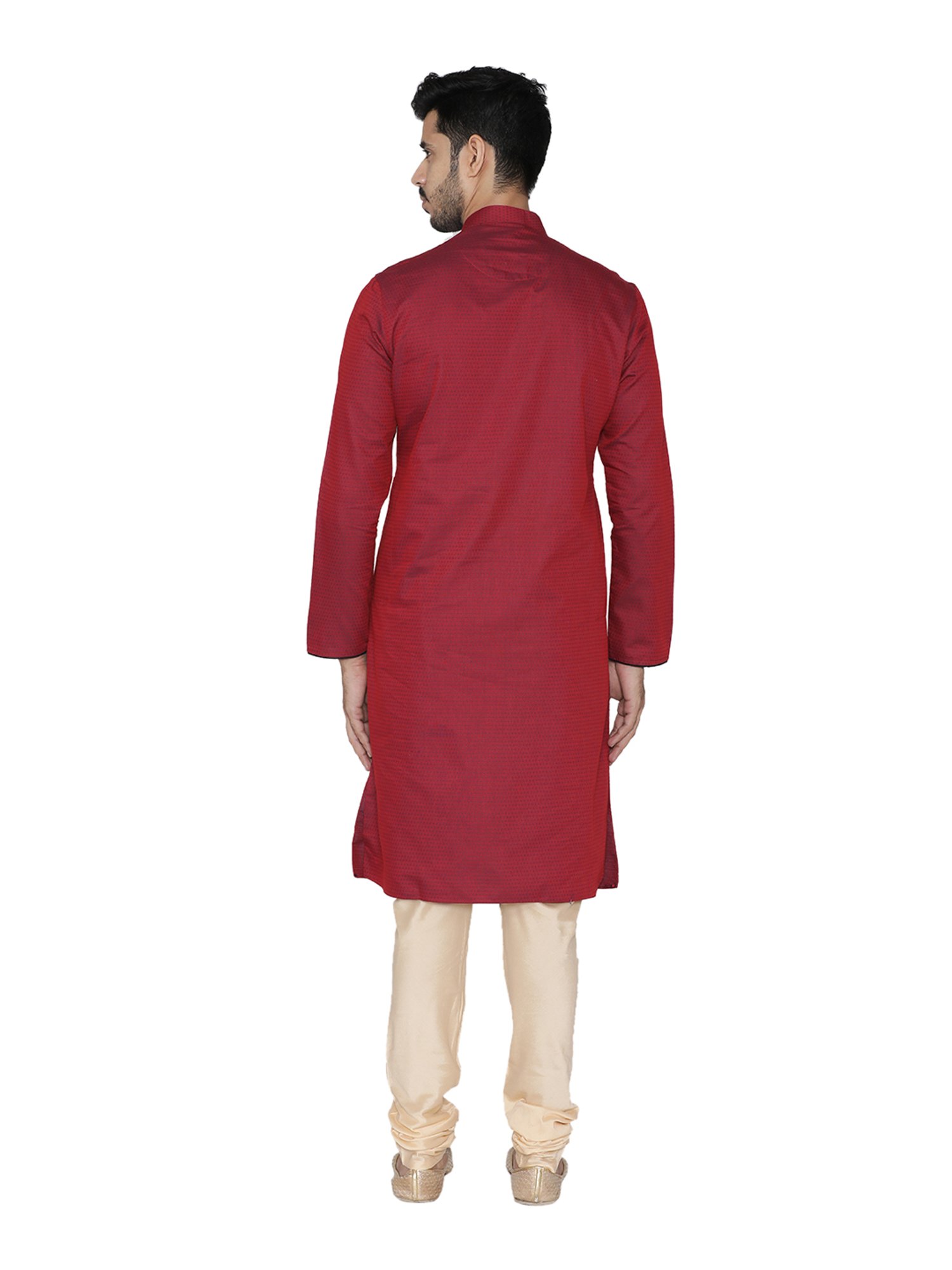 Manyavar Maroon & Cream Self Design Kurta Set