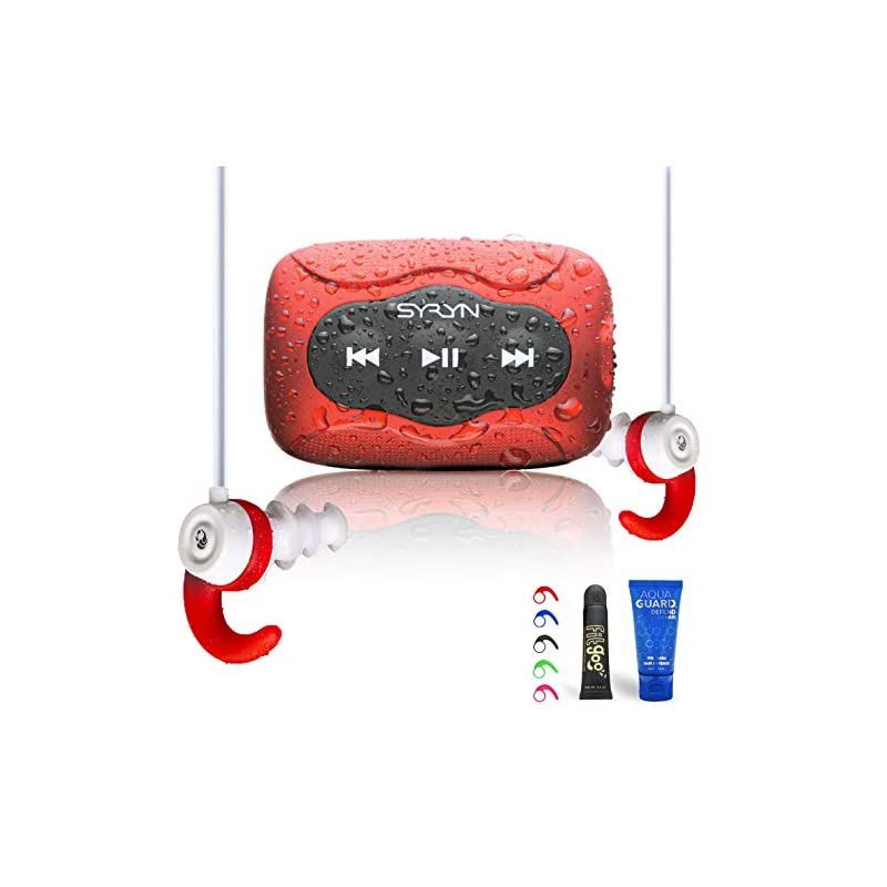 Color Waterproof Headphones and 8 GB SYRYN Waterproof MP3 Player with Shuffle Feature