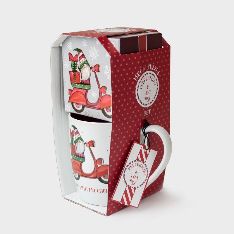 16oz Ceramic Gnome on Motorcycle Mug and Puzzle Gift Set - Peppermint & Pine