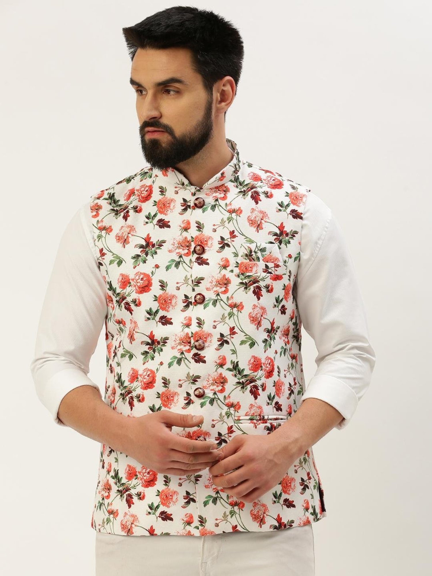 SHOWOFF White Cotton Slim Fit Printed Nehru Jacket
