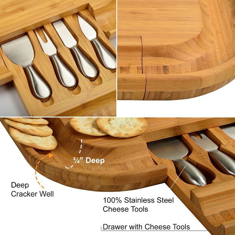 Picnic at Ascot - Large Bamboo Cheese Board with Cracker Groove & Integrated Drawer with 4 Piece Knife Set & Cheese Markers
