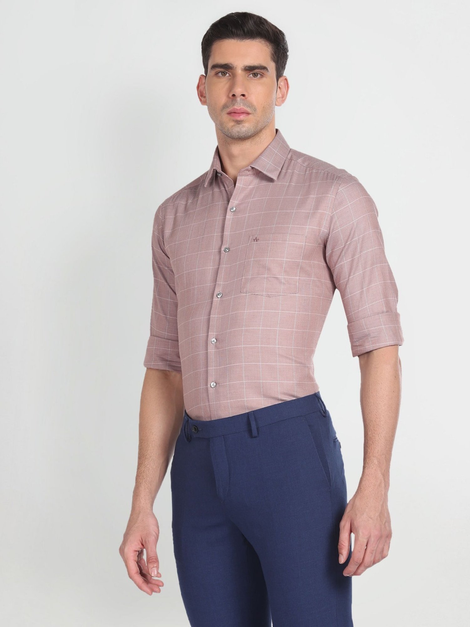 Arrow Orange Cotton Slim Fit Checks Shirt