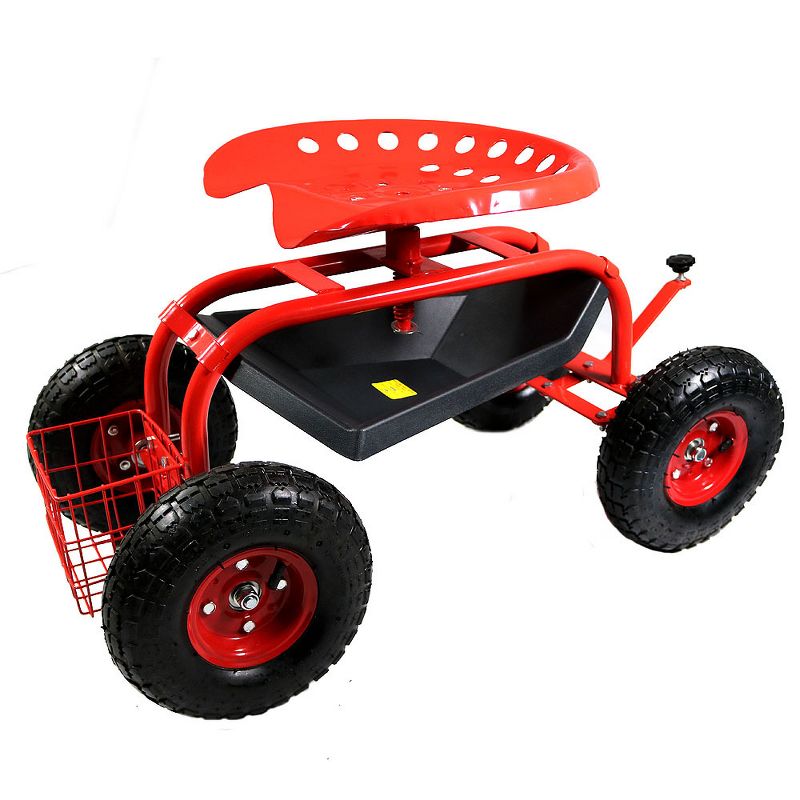 Rolling Shop Cart with Work Seat, Basket and Tray - Red - Sunnydaze Decor