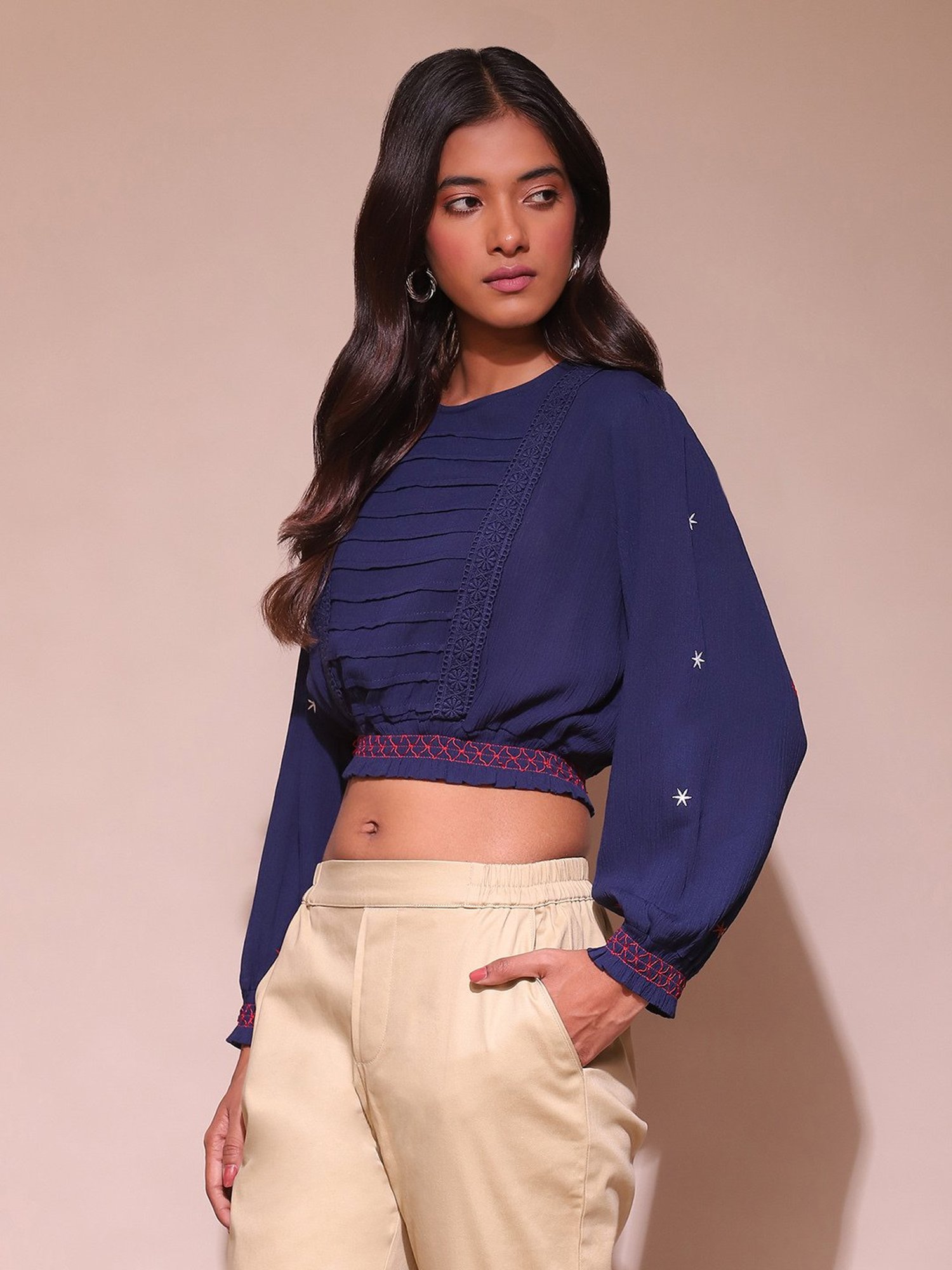 Label Ritu Kumar Navy Embroidered Crop Top