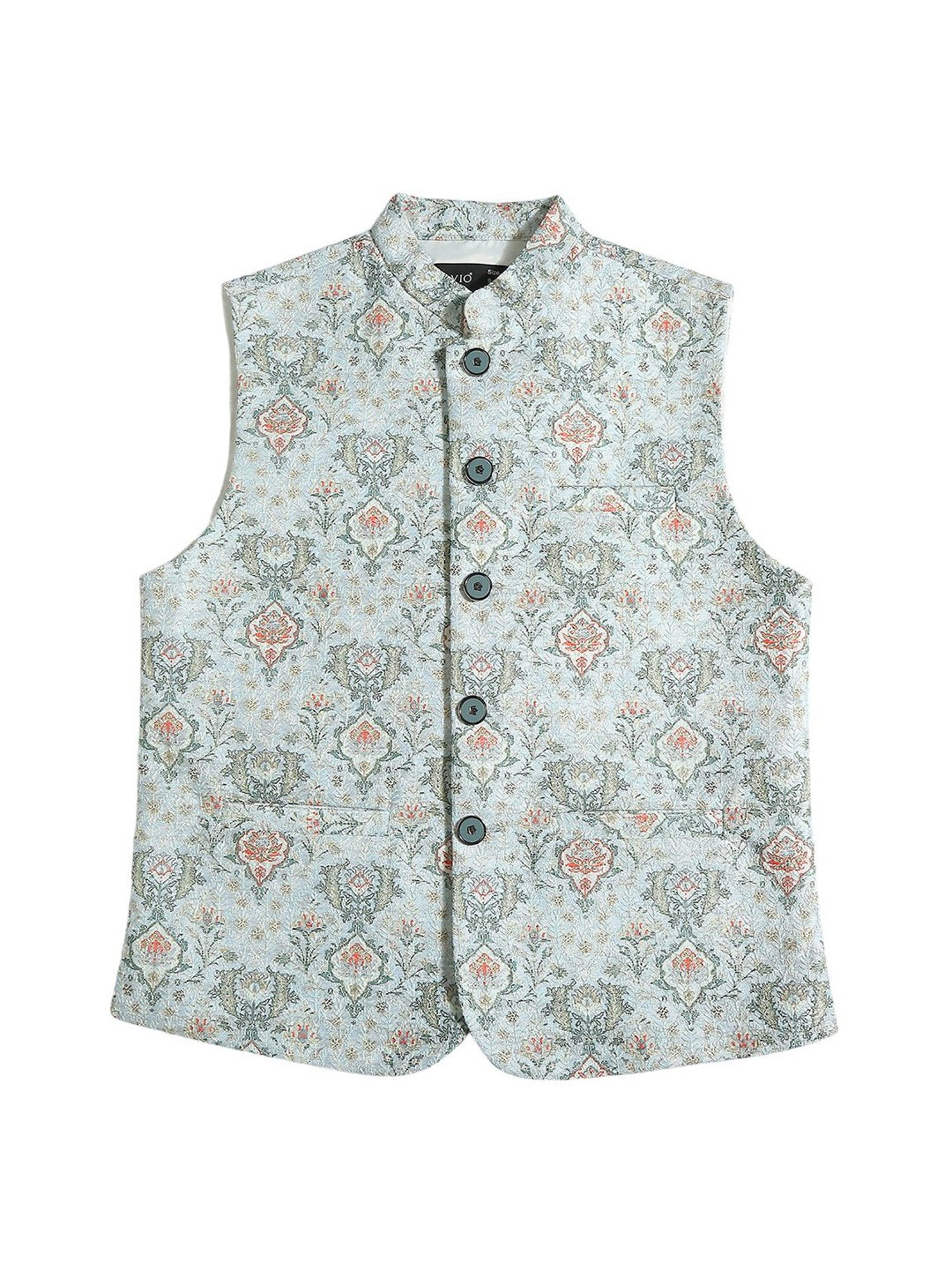 Cavio Kids Green Floral Print Nehru Jacket