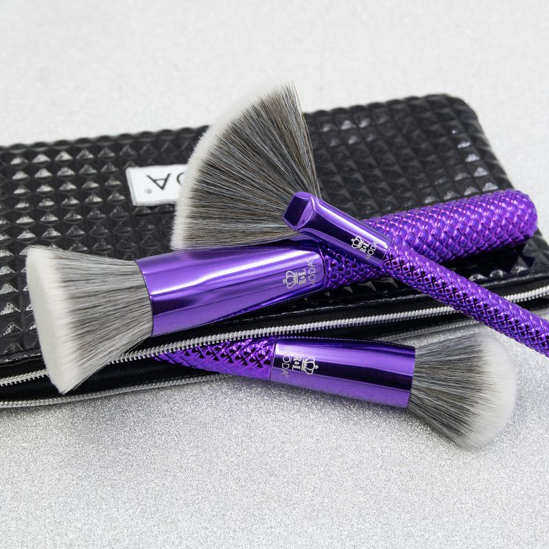 MODA Brush Metallics 4pc Blended Beauty Purple Makeup Brush Set with Black Studded Zip Case, Includes - Blender, Buffer and Fan Brushes