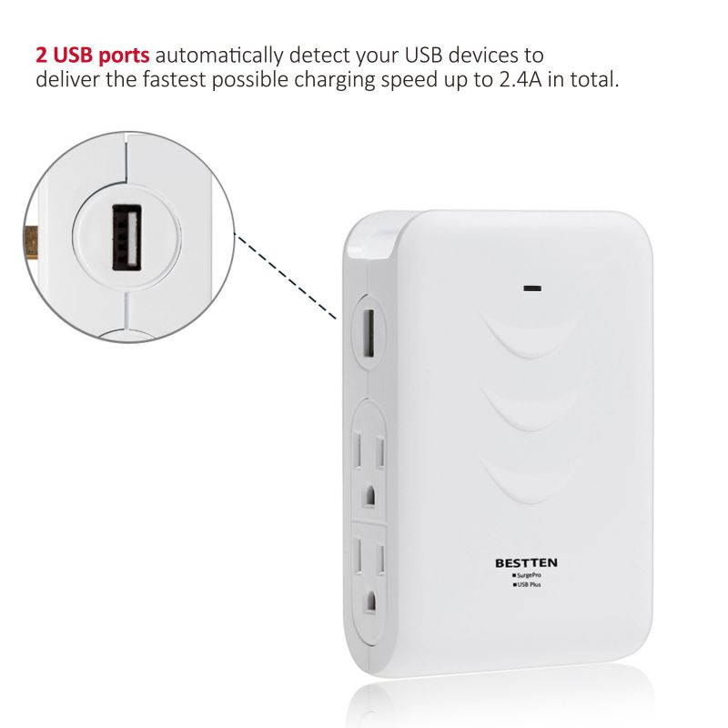 BESTTEN Side Entry 4-Outlet Extender, Wall Mounting Surge Protector with 2 USB Charging Ports (Sharing 2.4A), Top Cell Phone Dock Design, Portable for Travel or Home/Office Use, ETL Certified, White