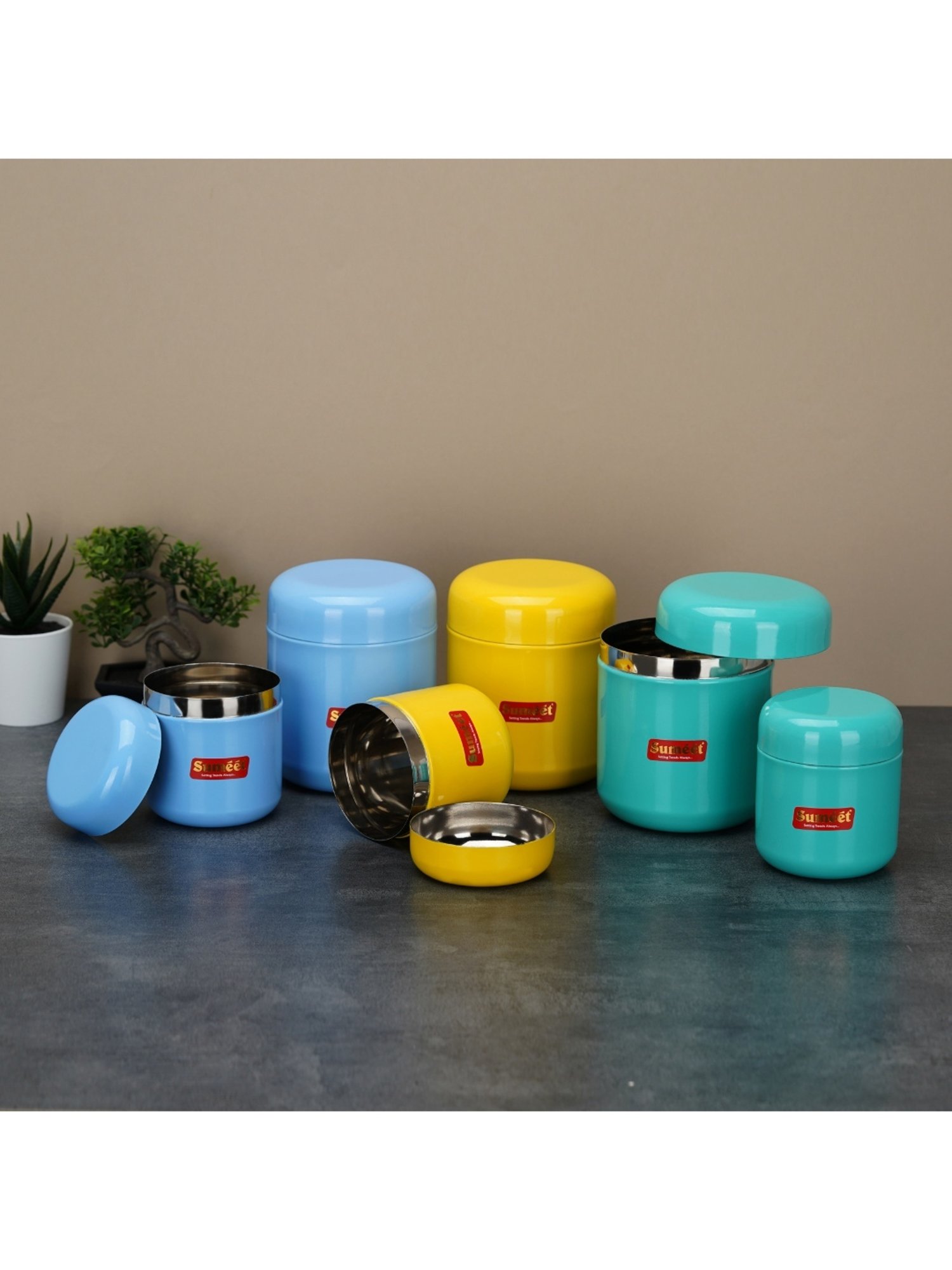 Sumeet S.S.Multi Color Small Jars/Storage Containers set of 6Pc,(3pc-350ml,7.5cm + 3pc-750ml, 9cm)