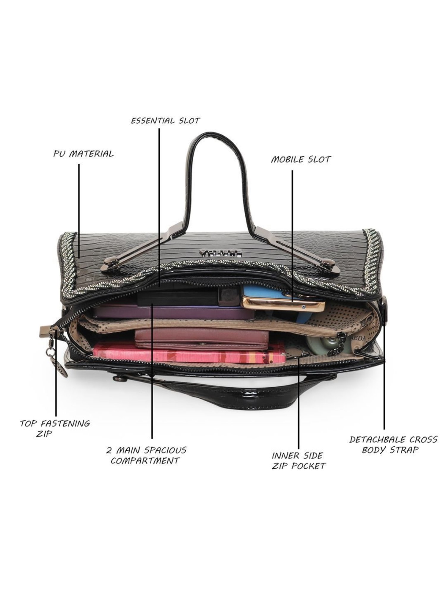 Esbeda Glossy Black PU Textured Handbag