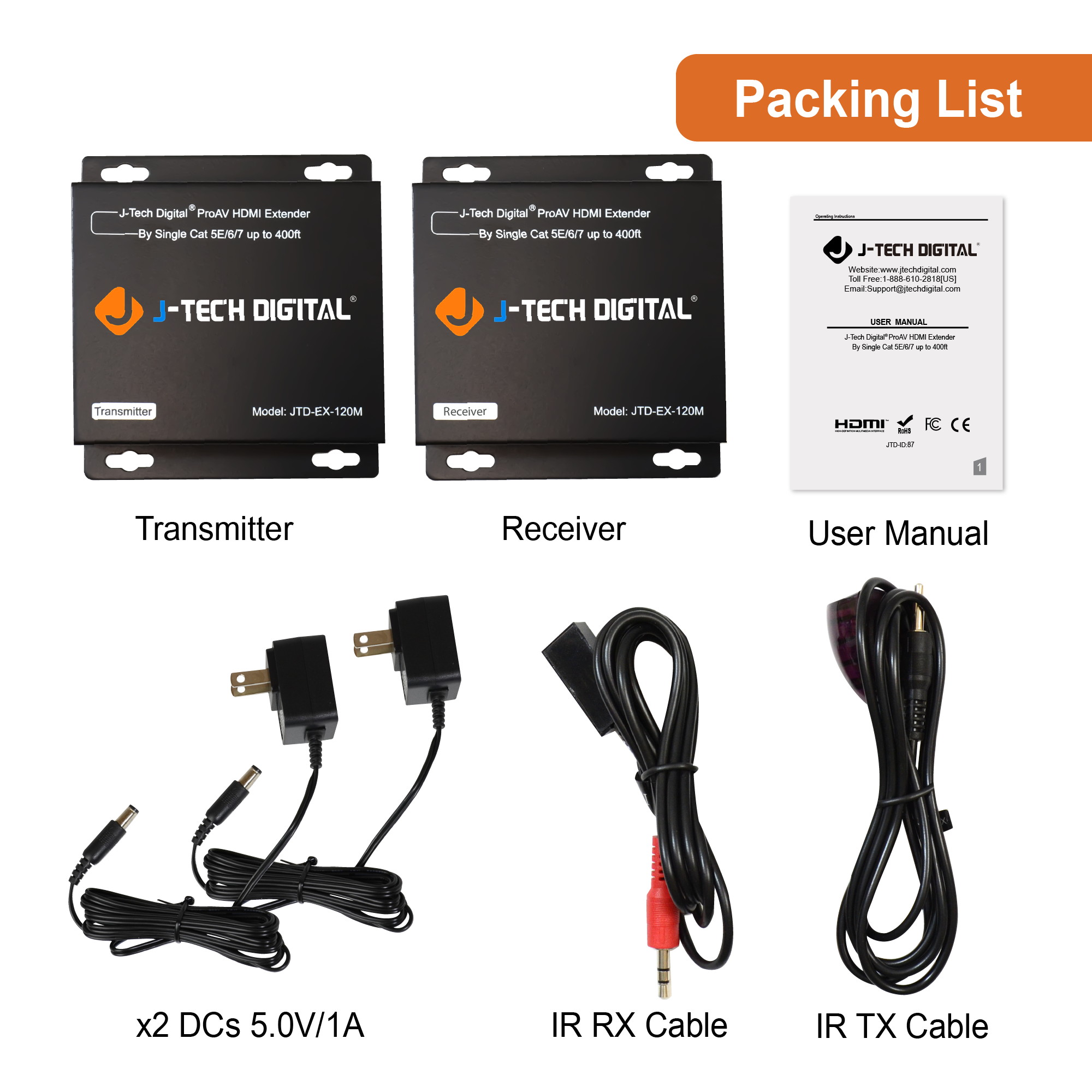 J-Tech Digital ProAV HDMI Extender Over Single Cat5e/6 Cable TCP/IP 1080p IR Remote - Up to 400' [JTD-EX-120M]