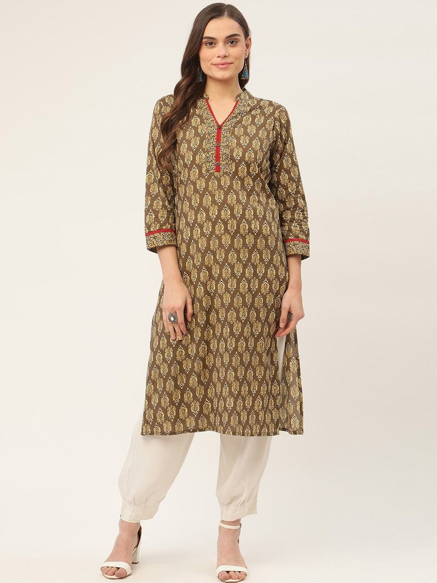 Jompers Brown & Green Pure Cotton Printed Straight Kurta