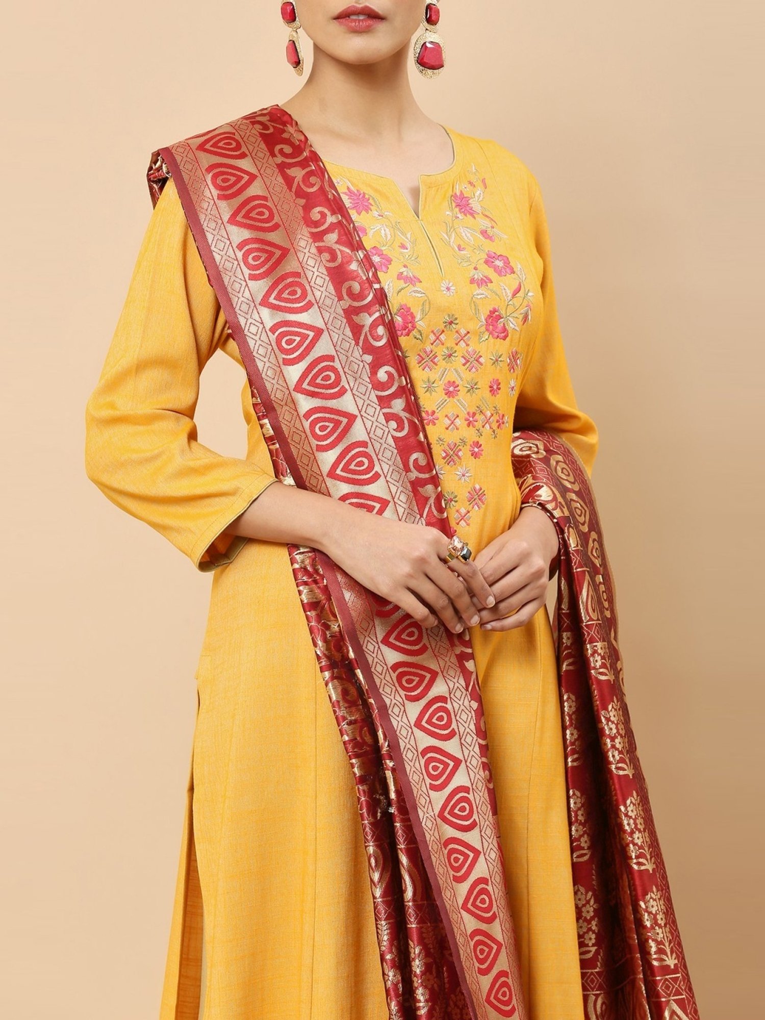 Soch Maroon Cotton Woven Pattern Dupatta