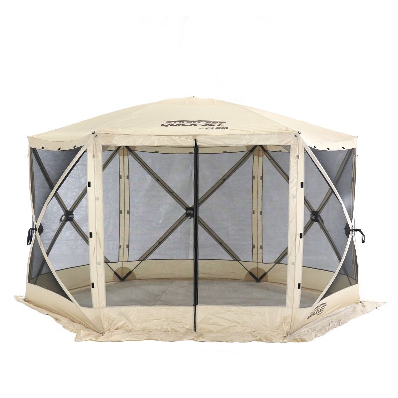 CLAM Quick-Set Escape 12 x 12 Foot Portable Pop-Up Outdoor Camping Gazebo Screen Tent 6 Sided Canopy Shelter with Ground Stakes & Carry Bag, Tan