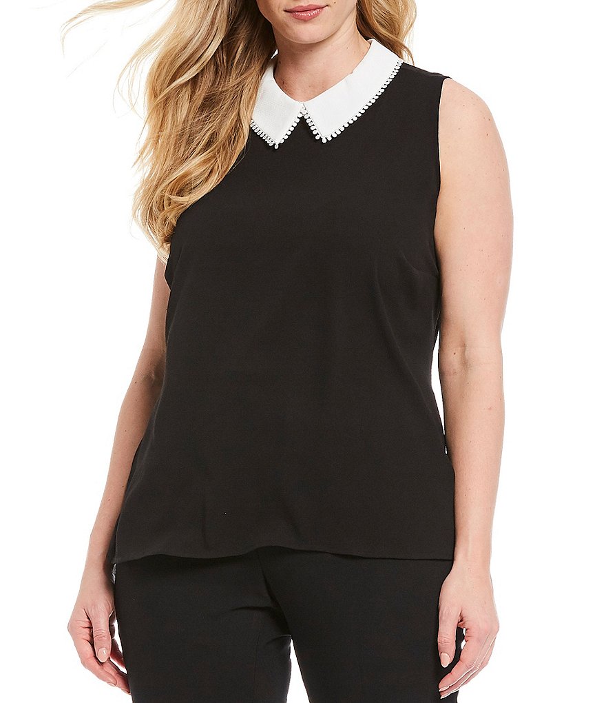CeCe Plus Size Sleeveless Contrast Peter Pan Collar Blouse