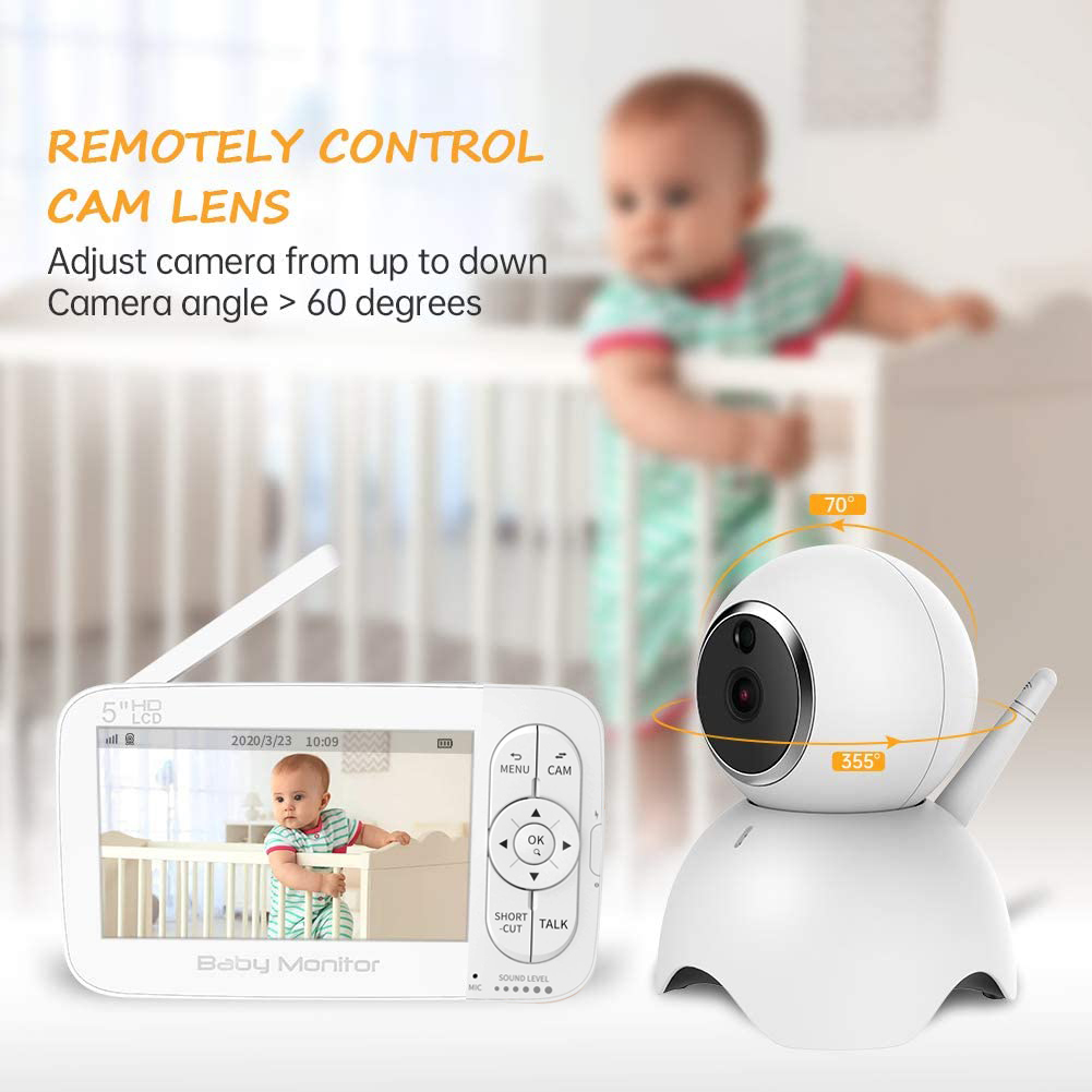 Baby Monitor, AUTENS 720P 5 Inch HD Display Video Baby Monitor with Camera and Two Way Audio, Auto Night Vision, Remote Pan/Tilt/Zoom, 5 Lullaby Music,Temperature & Sound Alarm, For Baby/Elder/Pet