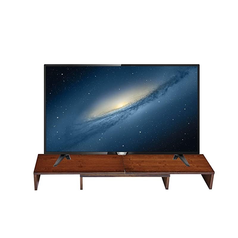 Bamboo Dual Monitor Stand Riser with Length and Angle Adjustable, 3 Shelf Multifunctional Screen Desktop Organizer for Laptop Computer, TV, PC, Printer, Multi Media Speaker-Walnut &hellip;