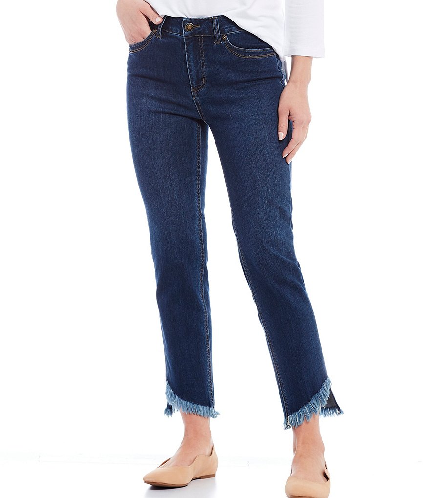 Multiples Straight Leg Embroidered Asymmetrical Fringe Ankle Jeans