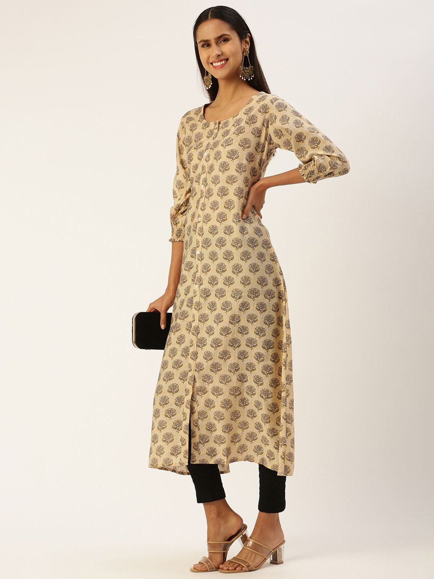 SHANVIKA Beige Printed Cotton Silk A Line Kurta