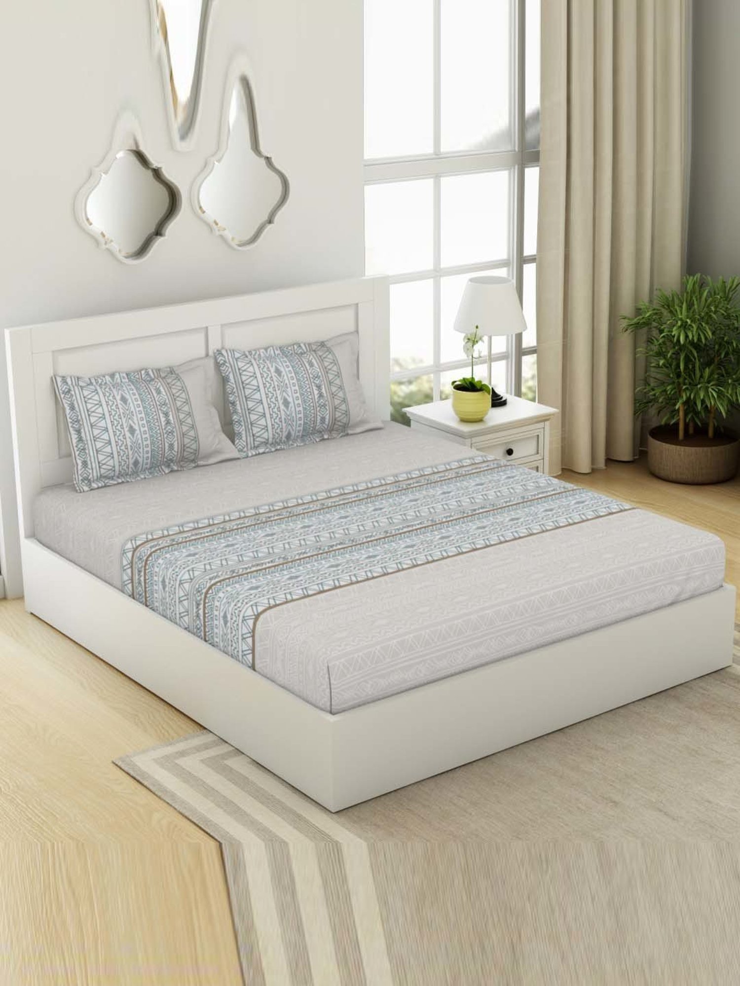 SPACES Gypsy Moon Bean Cotton 144 TC Double Size Bedsheet With Pillow Covers