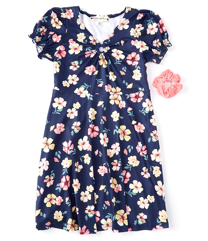 Poppies and Roses Big Girls 7-16 Short-Sleeve Floral Printed Yummy O-Ring A-Line Dress