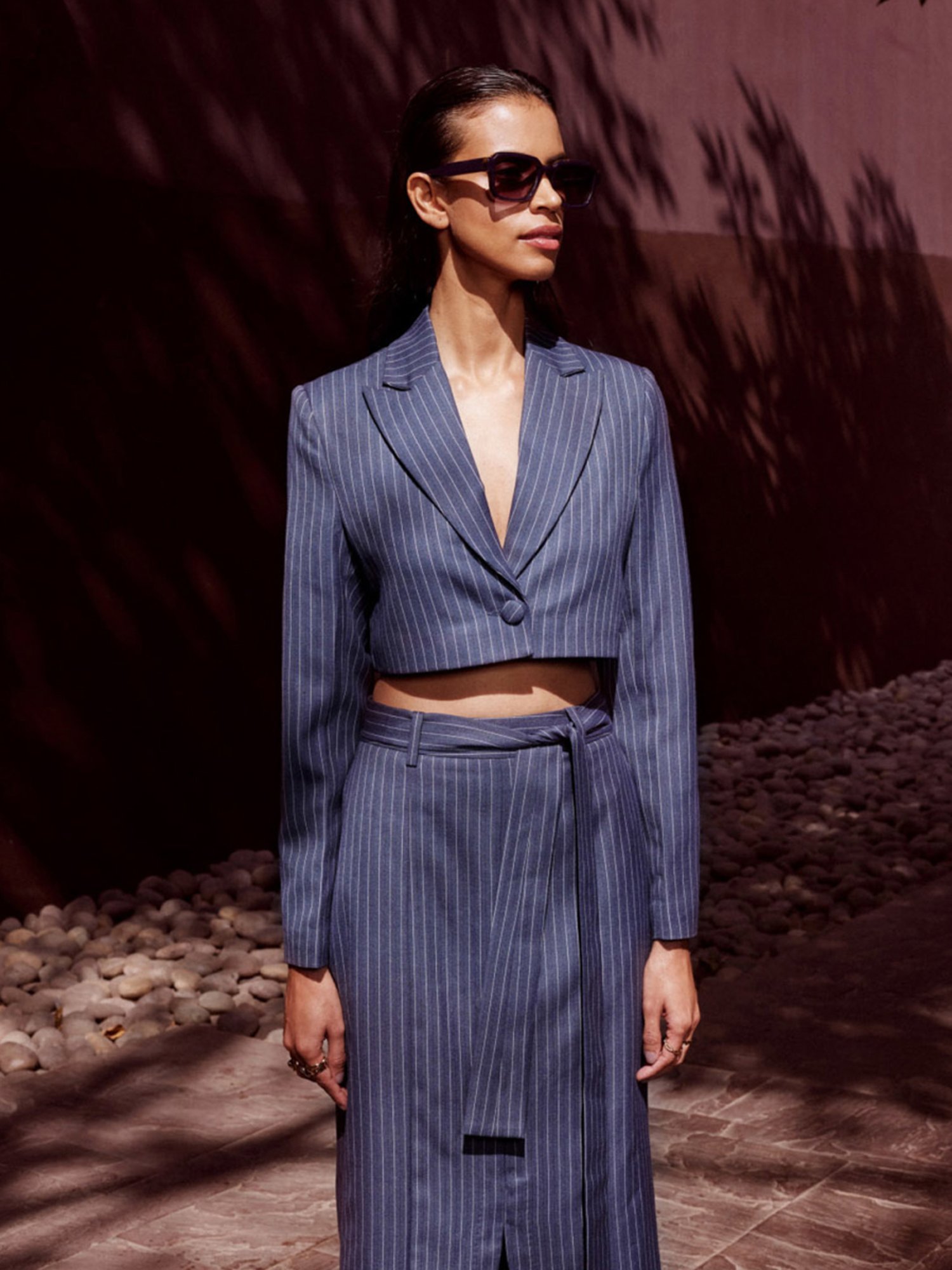 Qua Blue Quintenssence Pinstripe Cropped Blazer