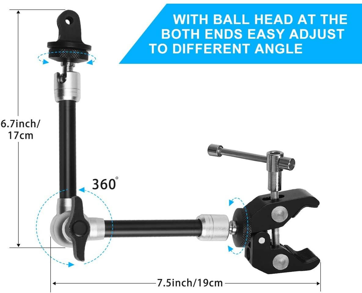 11" Adjustable Robust Articulating Friction Magic Arm, DSLR/Mirrorless/Action Camera/Camcorder/Smartphone/LCD Monitor Video Vlog Rig w/Clamp Holder Mounts Kit fit for GoPro iPhone Arlo etc