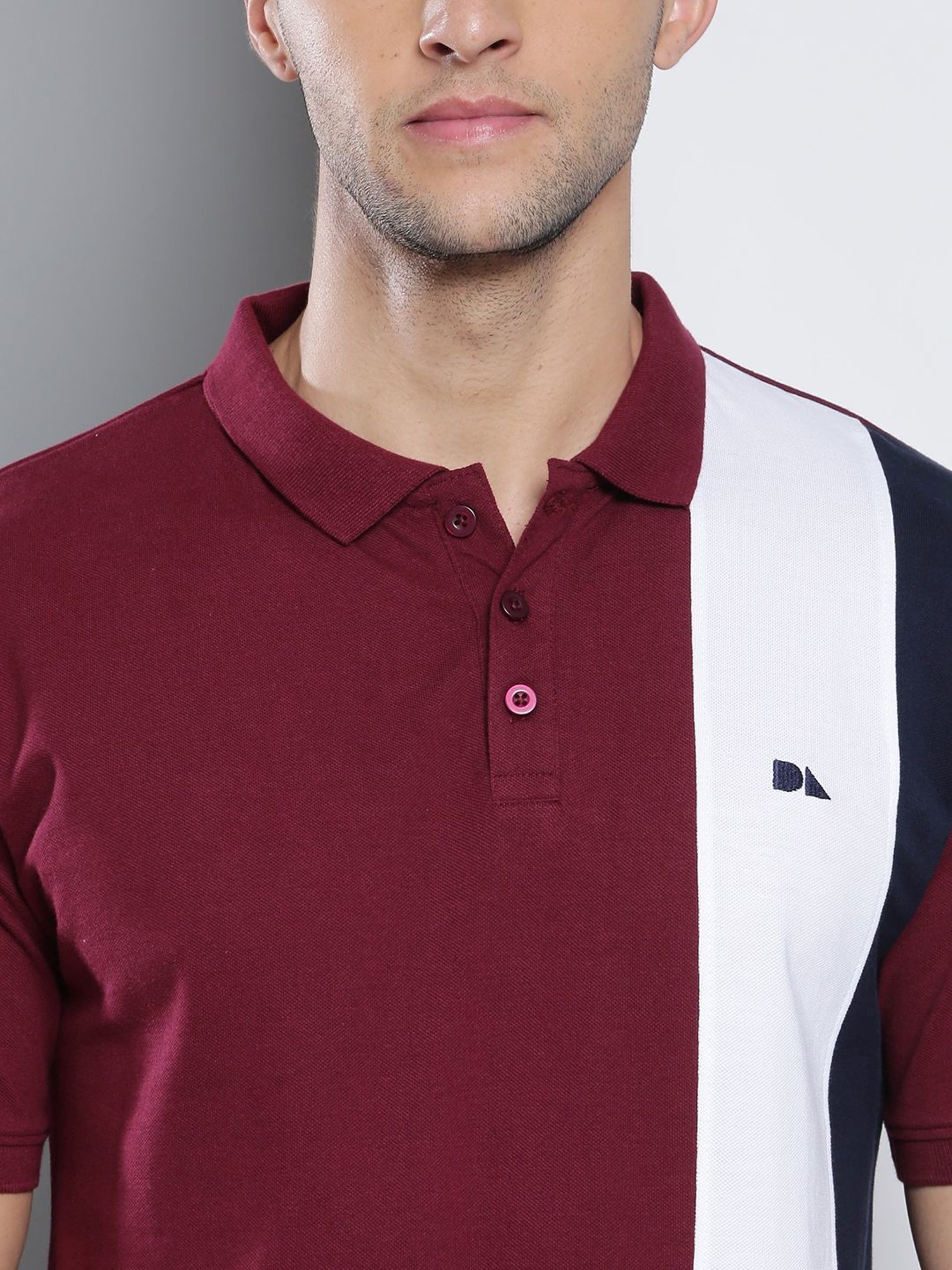 Dennis Lingo Burgundy Cotton Slim Fit Colour Block Polo T-Shirt