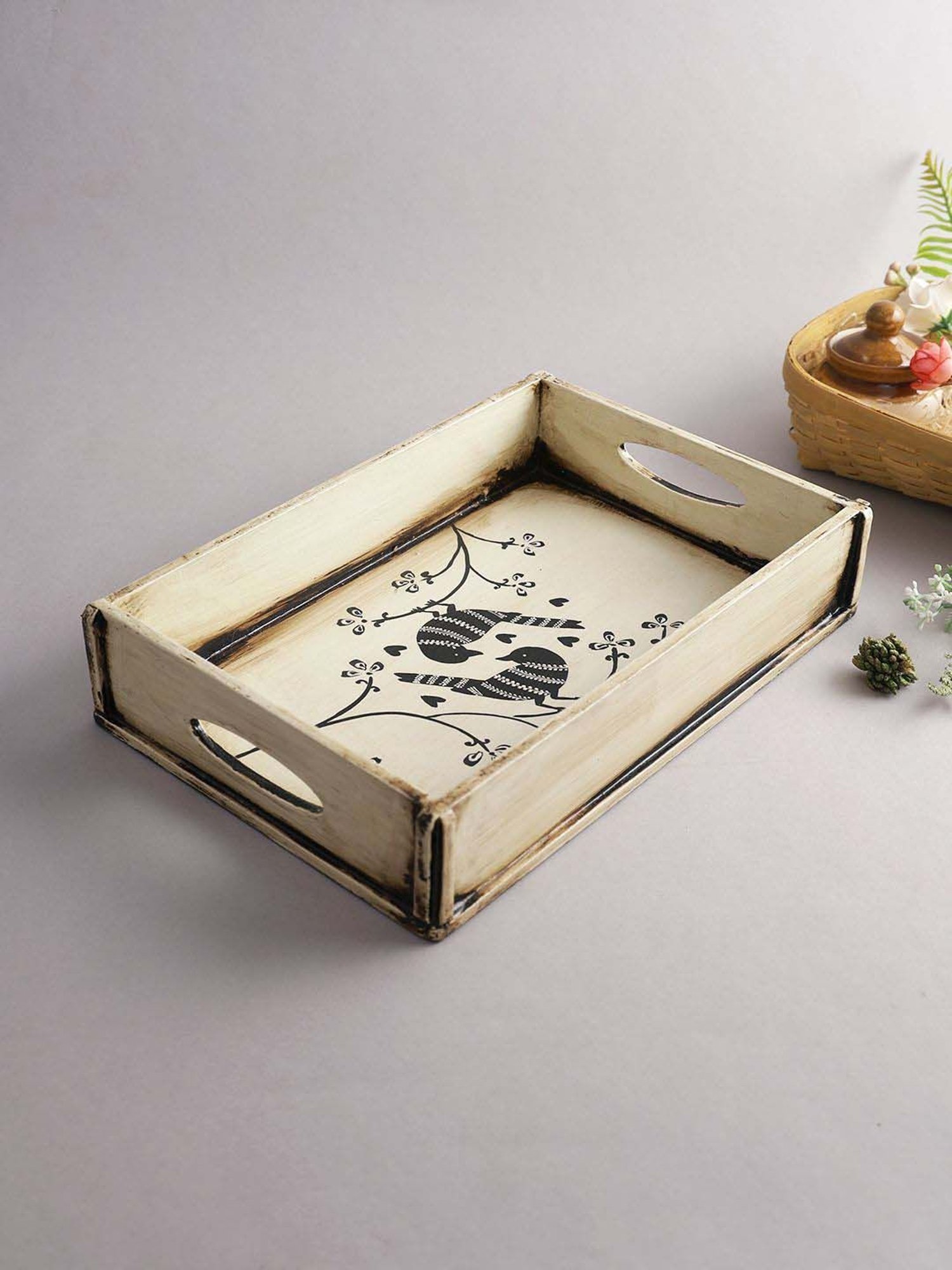 Aapno Rajasthan White & Black Wooden Serving Tray