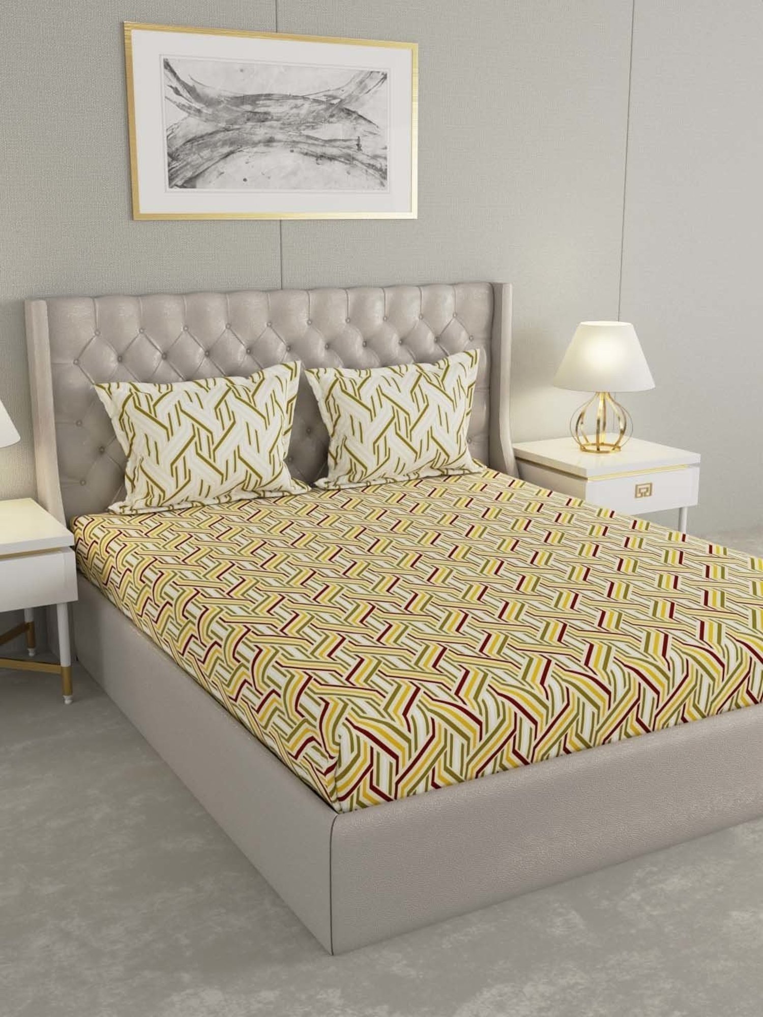 Raymond Home Green & Yellow Cotton 144 TC King Bedsheet with 2 Pillow Covers