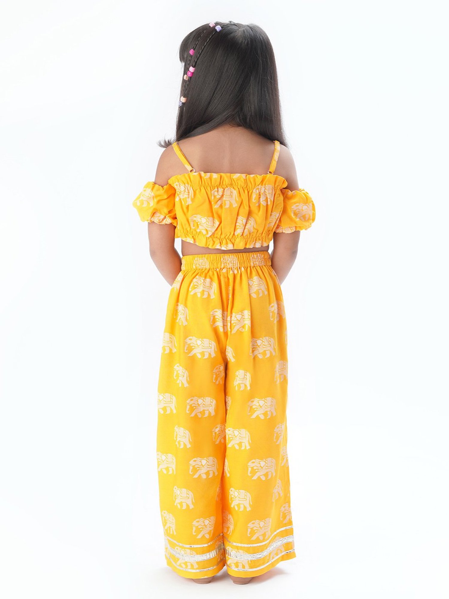 Lil Drama Kids Yellow Printed Crop Top with Pants