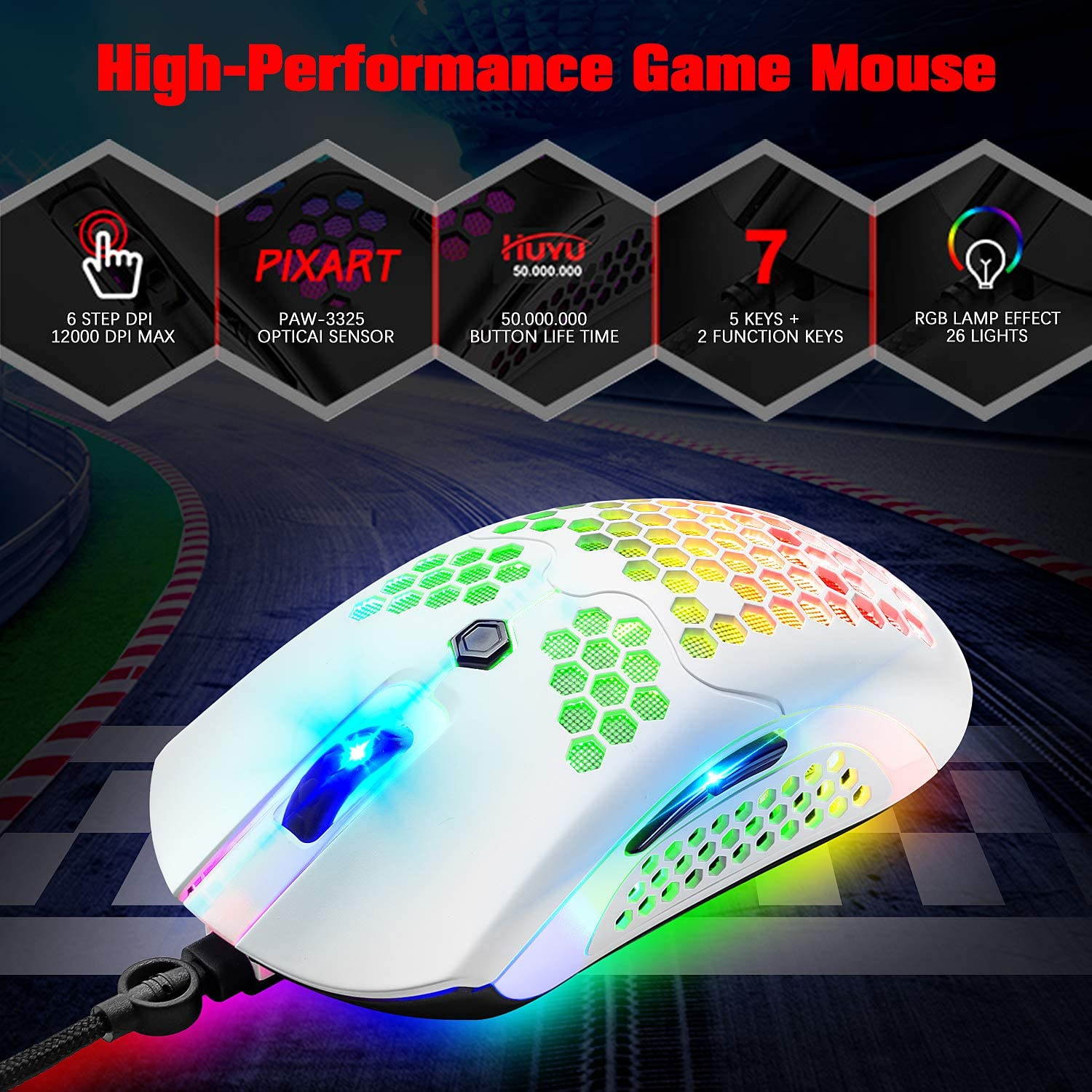 Wired Lightweight Gaming Mouse,26 RGB Backlit Mice with 7 Buttons Programmable Driver,PAW3325 12000DPI Mice,Ultralight Honeycomb Shell Ultraweave Cable Mouse for PC Gamers and Xbox and PS4 Users