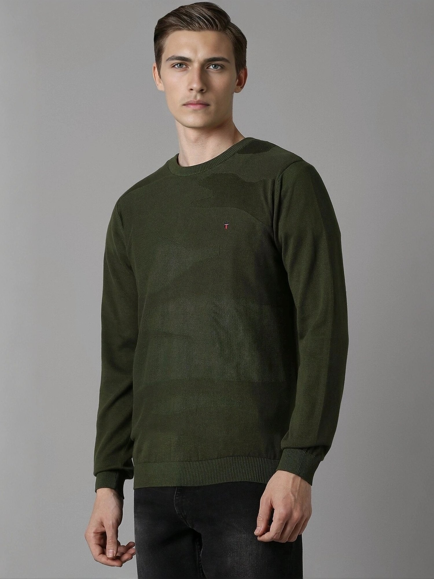 Louis Philippe Green Cotton Regular Fit Printed Sweater