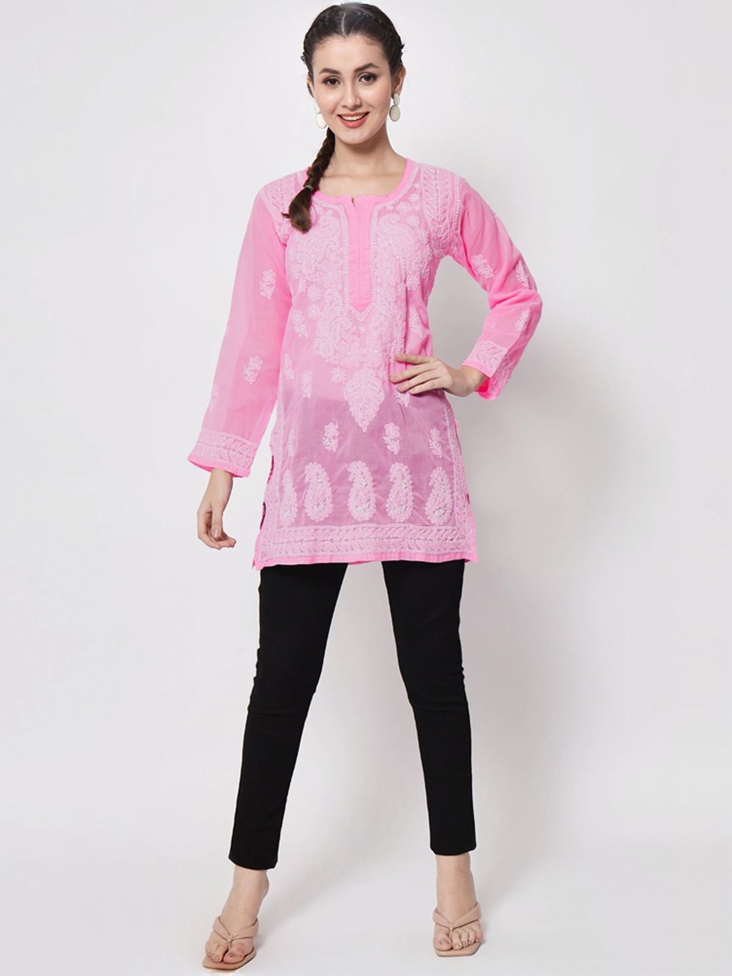 PARAMOUNT CHIKAN Blush Pink Cotton Hand Embroidered Chikankari Straight Kurti