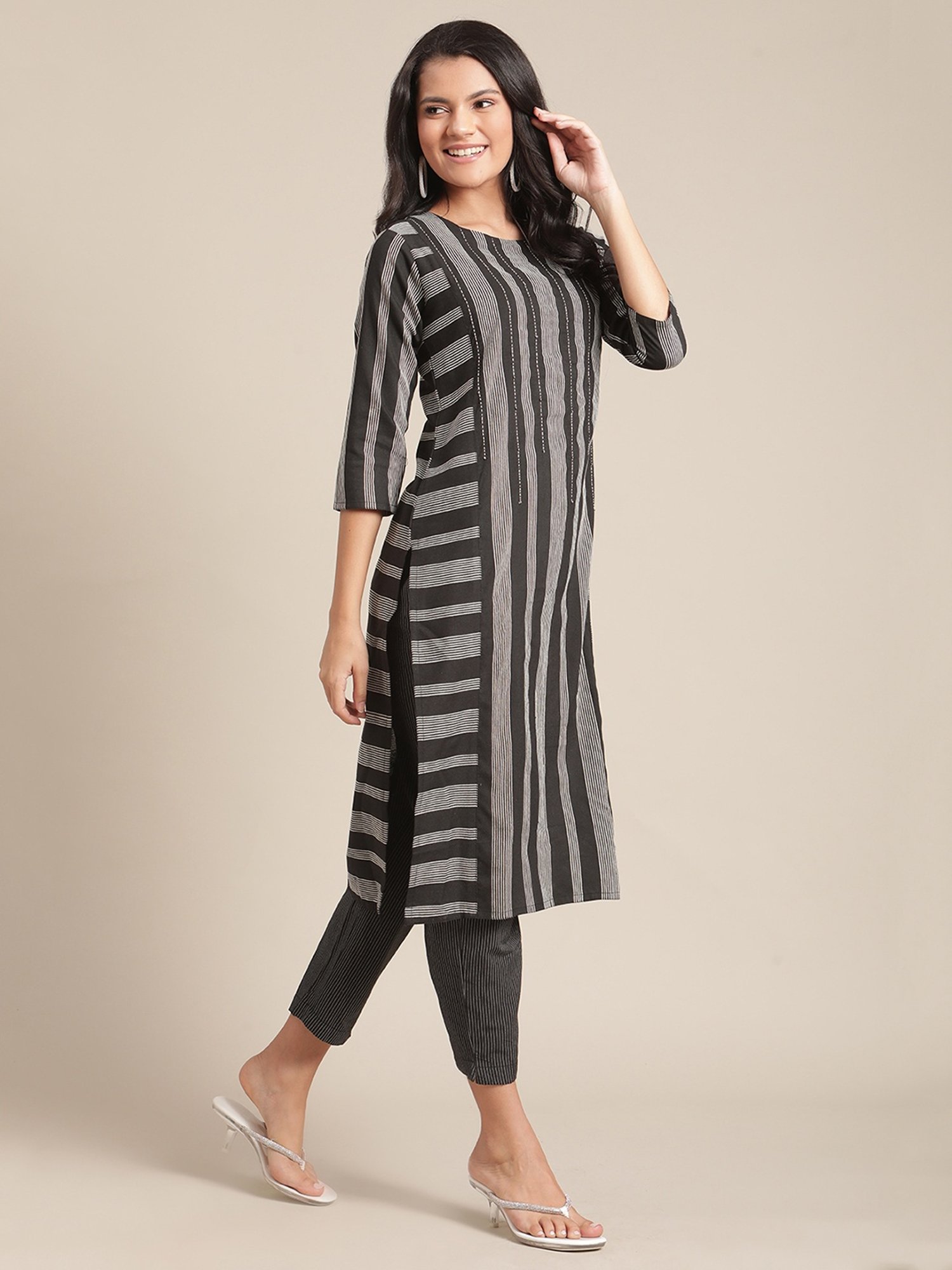 KSUT Black Cotton Blend Striped Kurta Pant Set